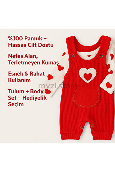 MYZİ STORE Baby Girl 3-Piece Romper Set - Heart Patterned Bodysuit, Red Salopet and Socks Set, Cotton