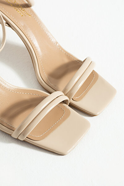 Cochines Women's Mendy Beige Nude Patent Leather Ankle Strap Thin Double Strap Heeled Sandals Shoes