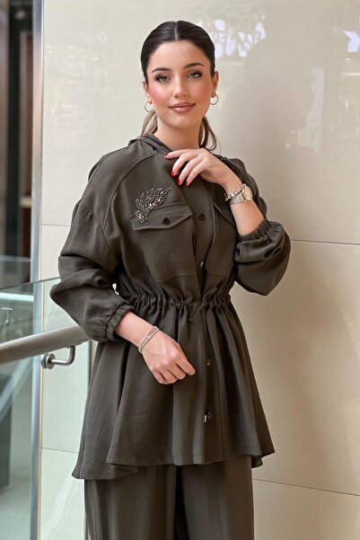 Nuss Hooded Stone Embroidered Waist Drawstring Cap Pants Set