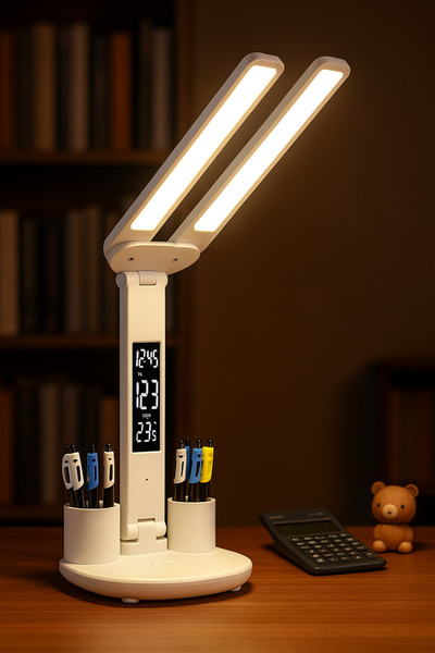 UPEKA 3 Kademeli Led Işıklı Akıllı Dijital Saat Kalemlik Katlanabilir Şarjlı Şık Masa Makyaj Lamba