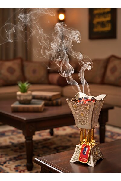 aljahwari مبخره استيل منقوشه فل نيكل نقش ذهبي مقاس الطول 18 سم صغير