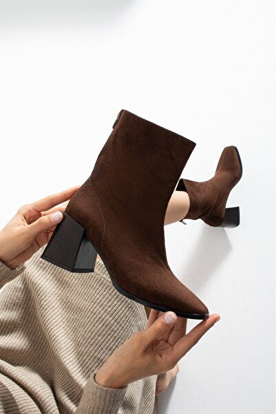 MissPapatya LÉON Kadın Acı Kahve Süet Küt Burun Kalın Topuklu Fermuarlı Bot Bootie