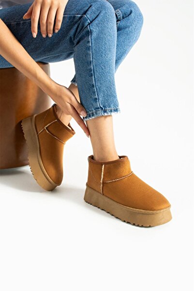 rungo KADIN İÇİ KÜRKLÜ SÜET KIŞLIK KALIN TABANLI BİLEKTE KISA MİNİ BOT