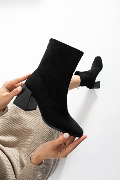 MissPapatya LÉON Kadın Siyah Süet Küt Burun Kalın Topuklu Fermuarlı Bot Bootie