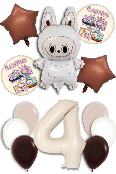 PARTİAVM Yaş Labubu Balloon Abubu Baby Birthday Set Cream Number Flying Ballo...