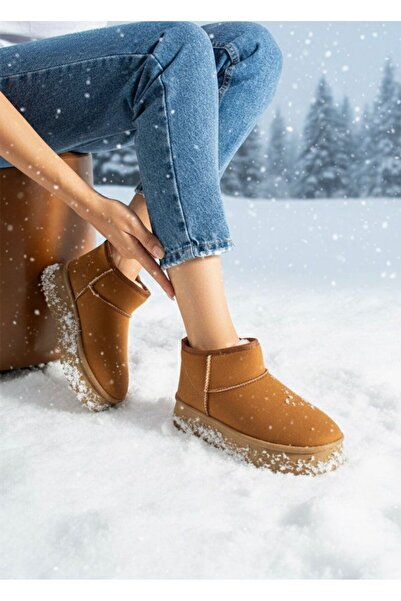 rungo KADIN İÇİ KÜRKLÜ SÜET KIŞLIK KALIN TABANLI BİLEKTE KISA MİNİ BOT