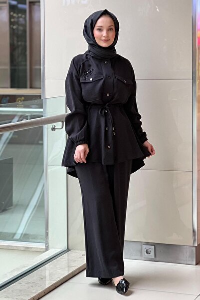 Nuss Hooded Stone Embroidered Waist Drawstring Cap Pants Set