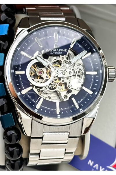 Navimarine Automatic (Battery-Free) Men's Watch, Steel Band. 2 Years Warranty,Navy Blue Dial Silver Color Bracelet