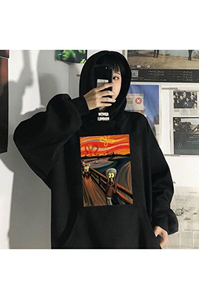 Minga London Desen animat negru unisex Tablo cu imprimeu supradimensionat Swe...