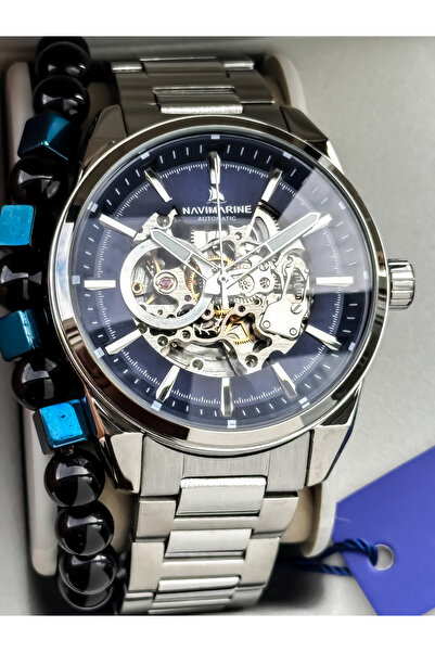 Navimarine Automatic (Battery-Free) Men's Watch, Steel Band. 2 Years Warranty,Navy Blue Dial Silver Color Bracelet