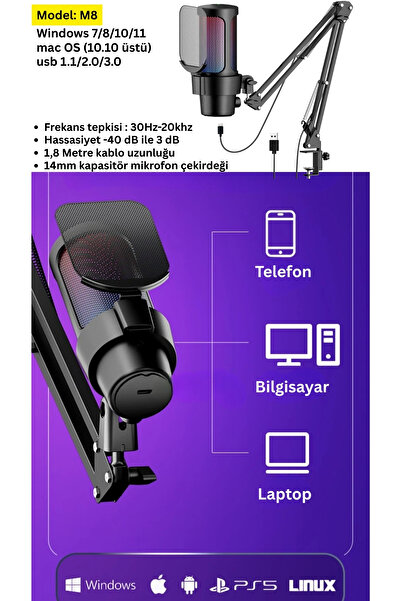 TeknolojiSA Lınux Profesyonel Oyuncu ve Yayıncı Mikrofonu Podcast Yayın Stüdyo İnfluencer RGB Kayıt Mikrofonu