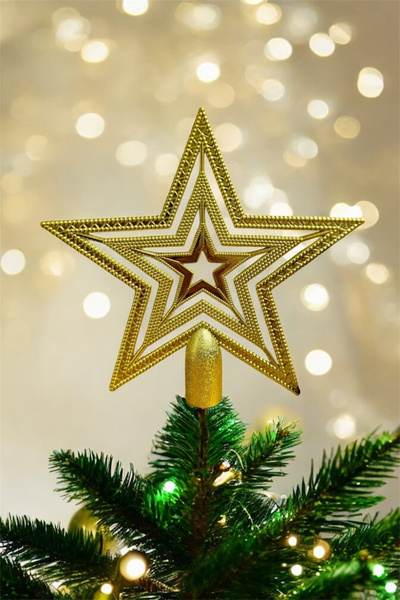 Huzur Party Store Gold Color Tepelik 15 cm Shiny Interlocking Stars Christmas Pine Tree New Year Tepeliği