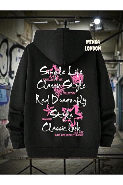 Minga London Hanorac oversize unisex negru cu imprimeu Simple Life