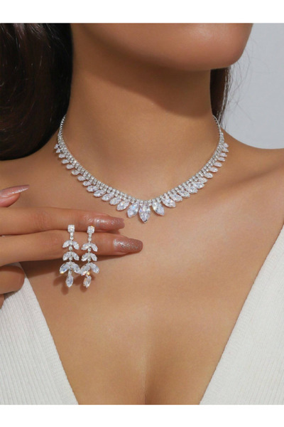 Estilo Lingerie Zirkon Taşlı Sultan Model Kolye Küpe Seti Pırlanta Görünümlü Takı Seti Hediye Takı Seti