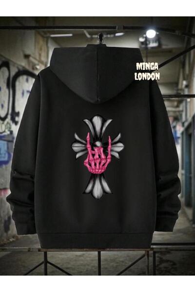 Minga London Hanorac oversize unisex negru roz cu imprimeu rock