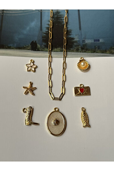 roshel Çelik Ataç Zincir ve 7 Adet Charm Kolye Yapım Seti 10 Adet Halka İstir...