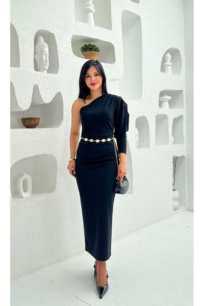 Nida Boutique One-Shoulder Balloon Sleeve Belted Slit Padded Knitted Crepe Dress