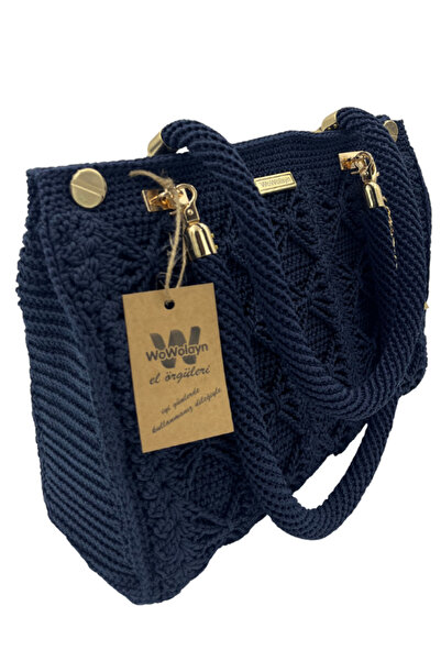 Wowolayn el örgüleri Lacivert Renk Makrome Kanvaslı Çanta
