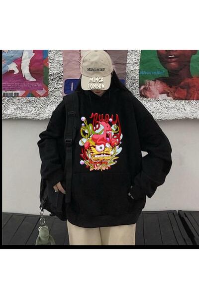 Minga London Desen animat negru unisex cu imprimeu supradimensionat Swea tricou