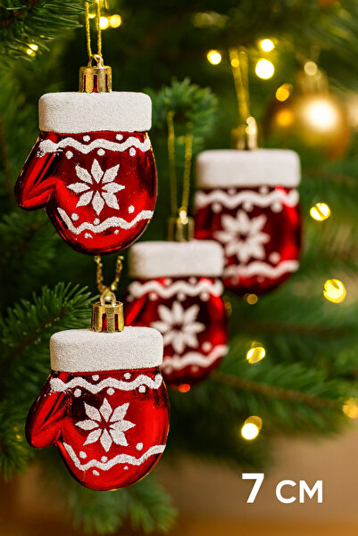 Huzur Party Store Kırmızı Desenli Eldiven 4 Adet 7 cm Mika Yılbaşı Çam Ağacı Süsü Noel Yeni Yıl Ağaç Dekoratif Parti