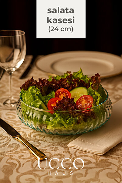 UCCO وعاء سلطة زجاجي أنيق مصنوع يدويًا بحجم 24 سم - طبق تقديم - أواني مائدة للمطبخ AMS