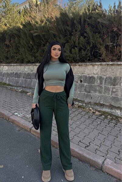 Siner Fashion Women's Green Corduroy Wide Leg Comfortable Casual Trousers
