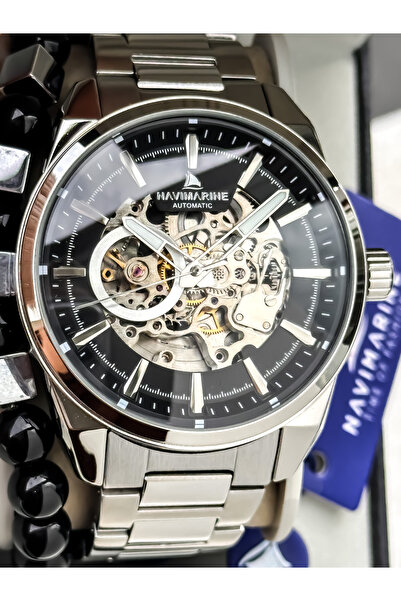 Navimarine Automatic (Battery-Free) Men's Watch, Steel Band. 2 Years Warranty,Black Dial Silver Color Bracelet with Gift