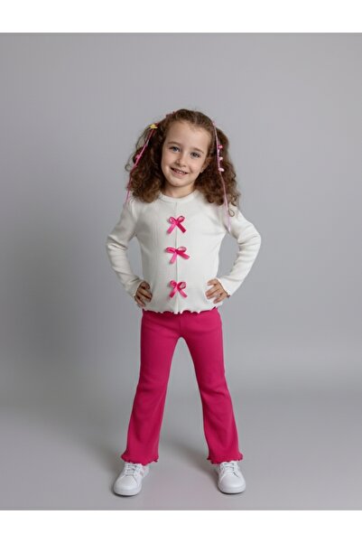 NİLZ Cream Color Pink Ribbon Detailed Ribbed Camisole Girls' Top and Bottom Set