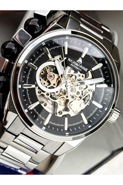 Navimarine Automatic (Battery-Free) Men's Watch, Steel Band. 2 Years Warranty,Black Dial Silver Color Bracelet with Gift
