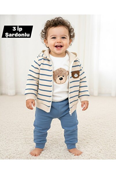 Ege Bebek Baby Boy Striped Teddy Bear Patterned, Winter 3-Layer Quilted Jacket and Bottoms, Thin Badili (Likely a Brand or Style Name), 6-24 Months 3-Piece Set