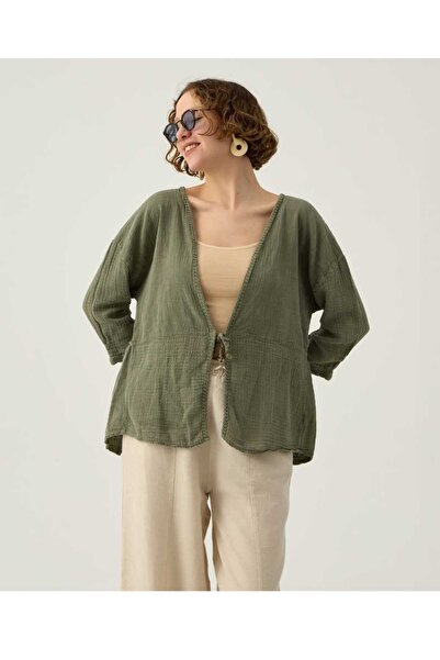 pier moda Lace-Up Khaki Color Cardigan-100% Cotton Fabric