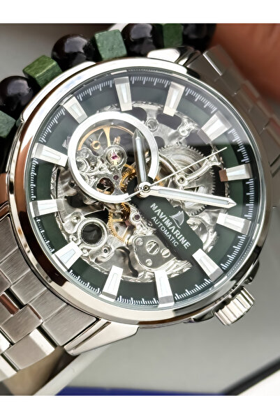 Navimarine Otomatik (Pilsiz) Erkek Saat, Çelik Kordon. 2 Yıl Garanti,Yeşil Kadran Gümüş Renk Bileklik Hediyeli