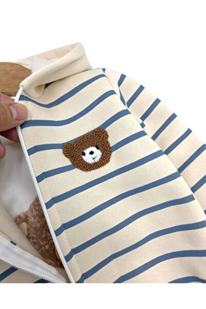 Ege Bebek Baby Boy Striped Teddy Bear Patterned, Winter 3-Layer Quilted Jacket and Bottoms, Thin Badili (Likely a Brand or Style Name), 6-24 Months 3-Piece Set