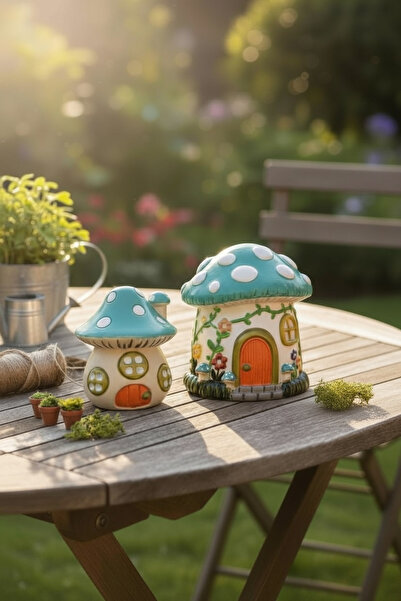 WATER-GREEN-WHITE MUSHROOM HOUSE DESIGN DECORATIVE SET OF 2