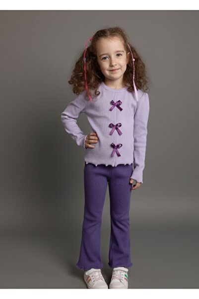 NİLZ Lila Kız Çocuk Kurdele Detaylı Fitilli Kaşkorse Alt Üst Takım