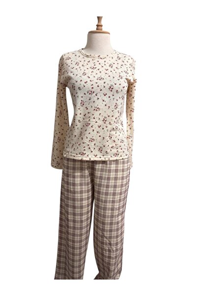 İNSPİRA Ekoseli Çiçek Desenli Uzun Kol Kadın Pijama Takımı 2 İplik Kışlık Kumaş