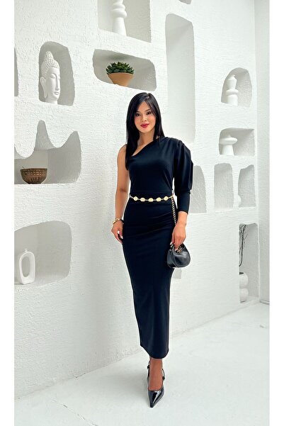 Nida Boutique One-Shoulder Balloon Sleeve Belted Slit Padded Knitted Crepe Dress