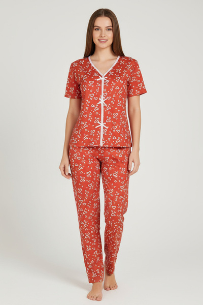 MODANI SEÇ Women's Orange Heart Patterned Bow Short Sleeve Long Pajama Set