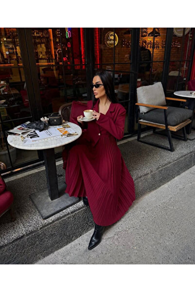 MODA Yeni sezon kadın bordo dabıl kumaş piliseli ceket elbise