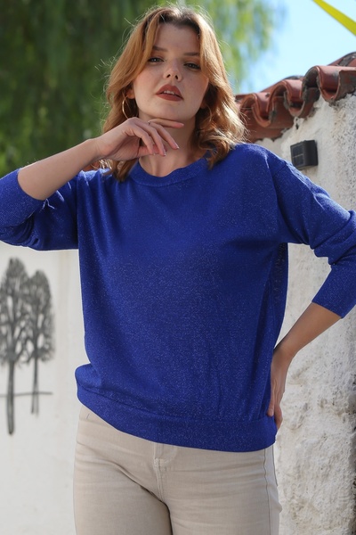 Chiccy Pulover tricotat subțire cu mânecă lungă, cu gât rotund, albastru 65 62