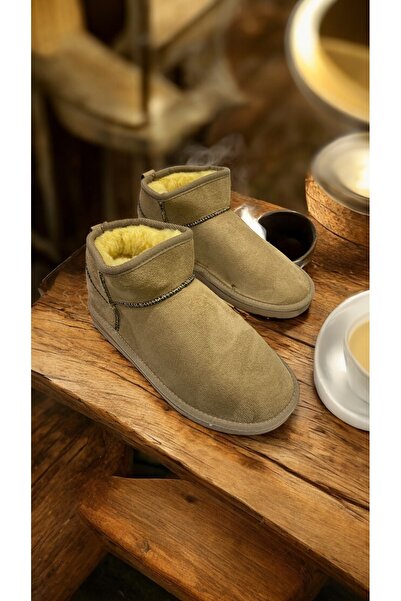 güneşayakkabı Kadın Süet İçi Kürklü İnce Taban Bilekte Kısa Ug Bot Vizon