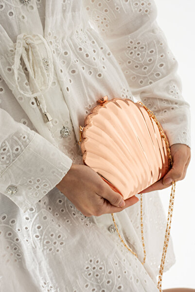 H&D COLLECTİON Women's Rose Metal Oyster Seashell Model Evening Dress and Special Occasion Portfolio Chain Strap Bag