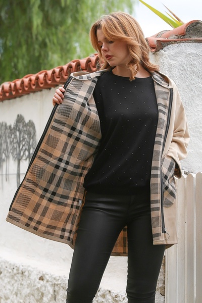 Chiccy Italian Beige Hooded Long Sleeve Zippered Pocket Casual Cashmere Woven Coat 80 75