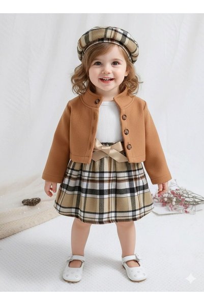 LORE MİEL Girl's Velvet Dress and Coat Set