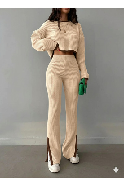 MEECY Női bordázott, szűk szárú, virágmintás kötöttáru szett