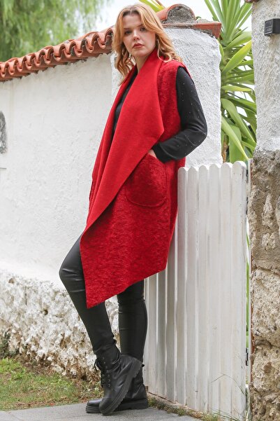 Chiccy İtalyan Kırmızı Şal Yaka Kolsuz Cepli Casual Buklet Dokuma Yelek 90 65