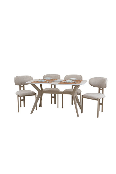 PLASMOB 80x120 Mutfak Masası Takımı 1 Masa + 4 Sandalye Salon Masası Viktoria Model-Traverten/Capiçino