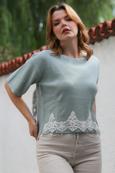 Chiccy Mint Round Neck Short Sleeve Lace Knitwear Blouse 64 57