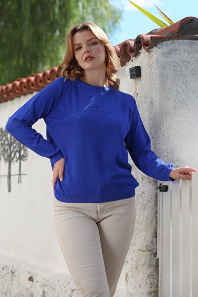 Chiccy Bluză albastră cu gât rotund, cu mânecă lungă, subțire, cu mărgele, tricot 68 66