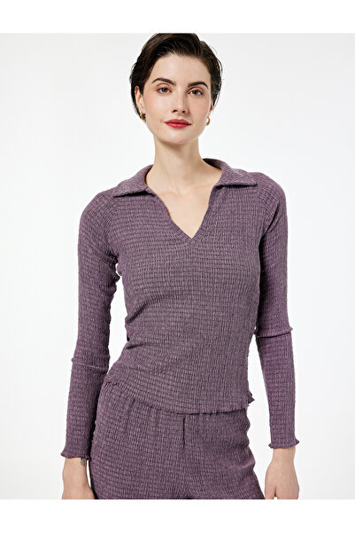 Koton Bürümcük Fabric Slim Fit Long Sleeve Polo V-Neck T-Shirt